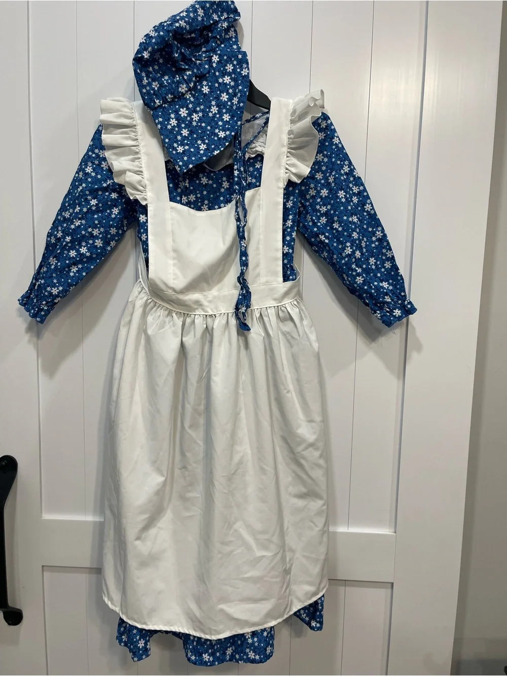 Blue Floral Pioneer Girls Costume White Apron Bonnet pilgrim little house 8-10
